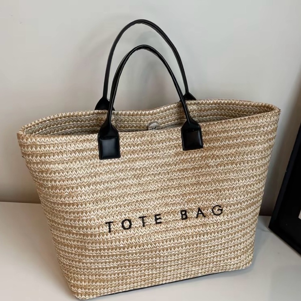 Woven Straw Tote Bag with Black Handles - Picture 2 of 6